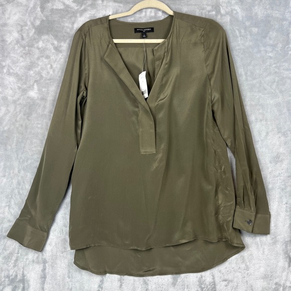 Banana Republic Women 100%Silk Blouse Mandarin Collar Olive Green Size Small NWT - Picture 3 of 9